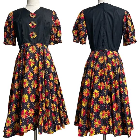 70s Vintage Daisy Dress Pattern Print Puff Sleeve Hippy Cottagecore Prairie. - Picture 1 of 6